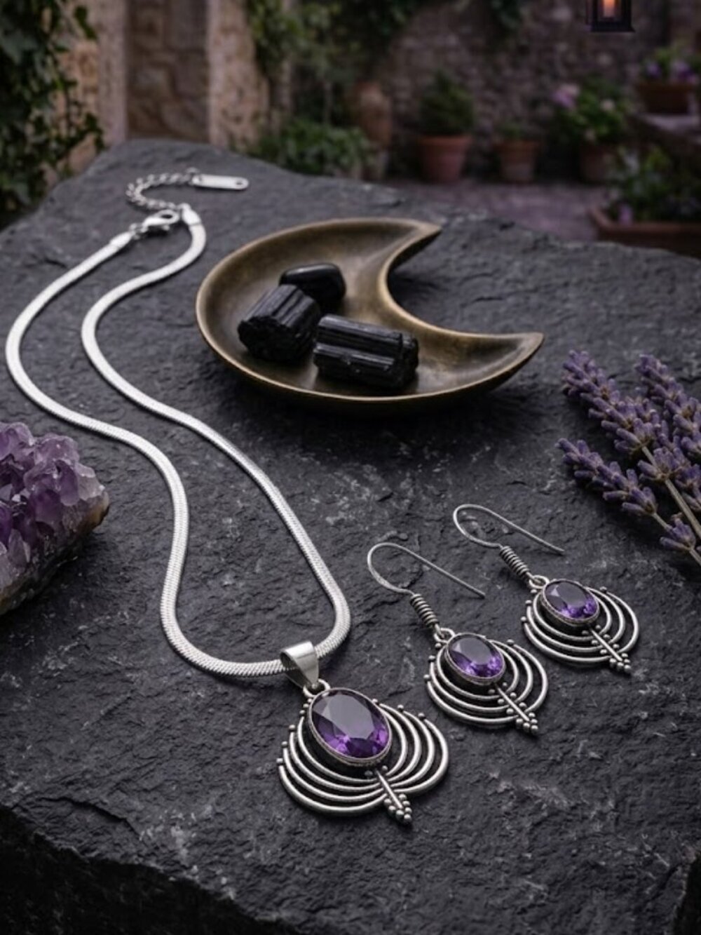 S925 Genuine Amethyst Art Deco Pendant Earring Set Regencycore Dark Romance